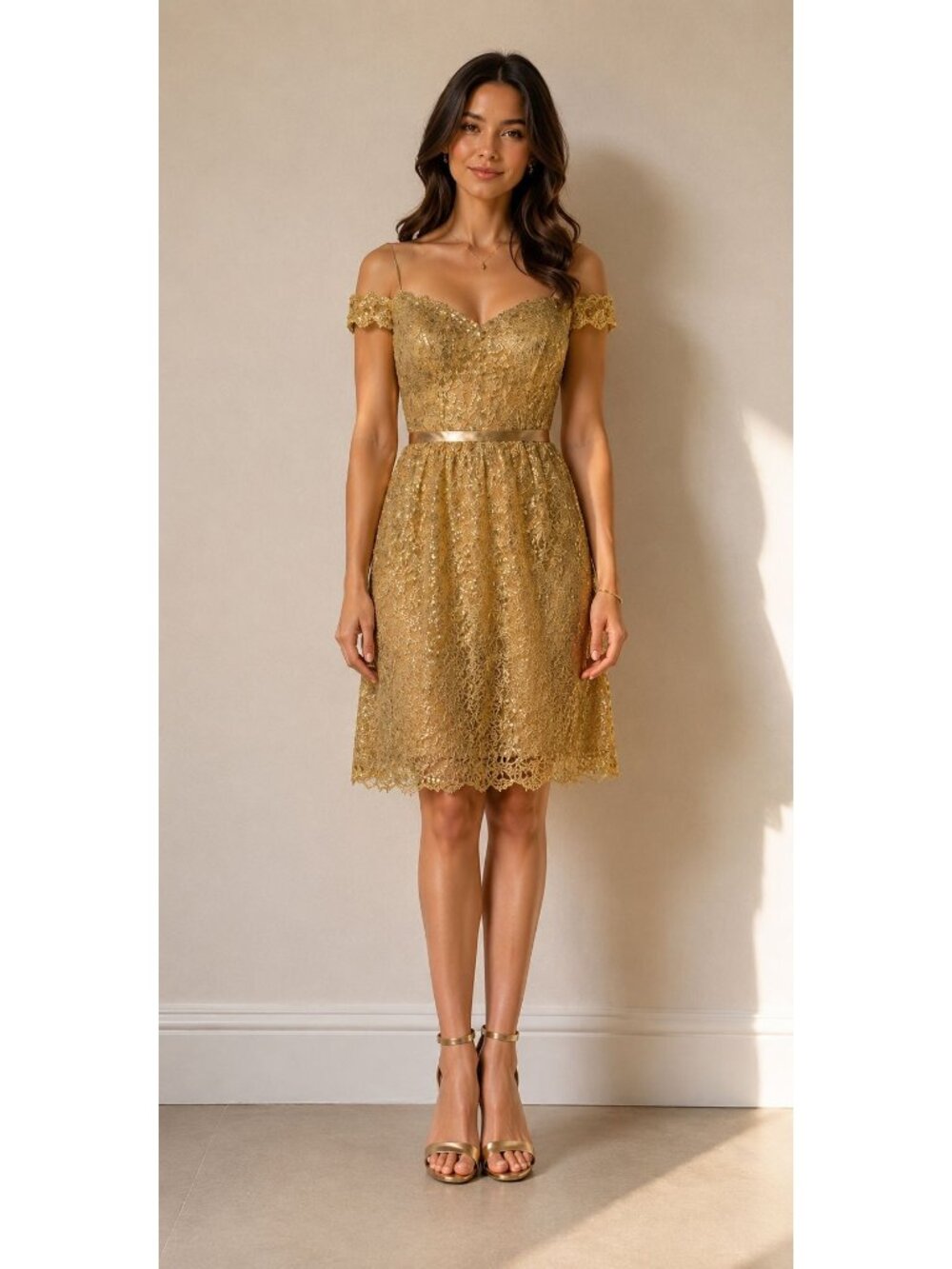 NWT $1250 Liancarlo Sweatheart Neck Lace Mini Dress Gold Size 8